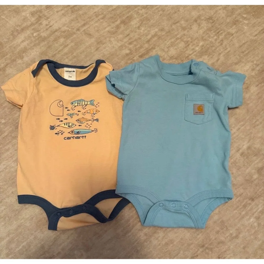 Carhartt Baby Boys 3M Bodysuit Set Blue Pocket Peach Fishing Lure 2 Pack